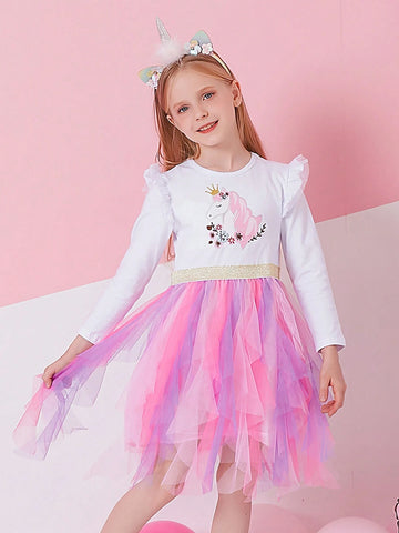 Autumn Children Princess Dresses For Girls Long Sleeve Cotton Toddler Clothing Irregular Tulle Cartoon Girls Tutu Dress Floral Applique Young Girl Party Costumes