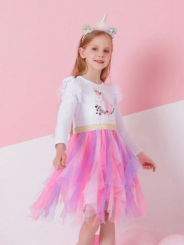Autumn Children Princess Dresses For Girls Long Sleeve Cotton Toddler Clothing Irregular Tulle Cartoon Girls Tutu Dress Floral Applique Young Girl Party Costumes