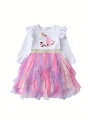 Autumn Children Princess Dresses For Girls Long Sleeve Cotton Toddler Clothing Irregular Tulle Cartoon Girls Tutu Dress Floral Applique Young Girl Party Costumes