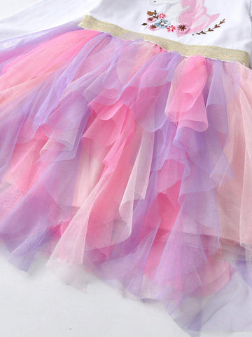 Autumn Children Princess Dresses For Girls Long Sleeve Cotton Toddler Clothing Irregular Tulle Cartoon Girls Tutu Dress Floral Applique Young Girl Party Costumes