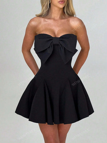 Autumn Elegant Sleeveless Solid Color Bow Decor Dress