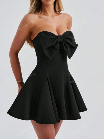 Autumn Elegant Sleeveless Solid Color Bow Decor Dress