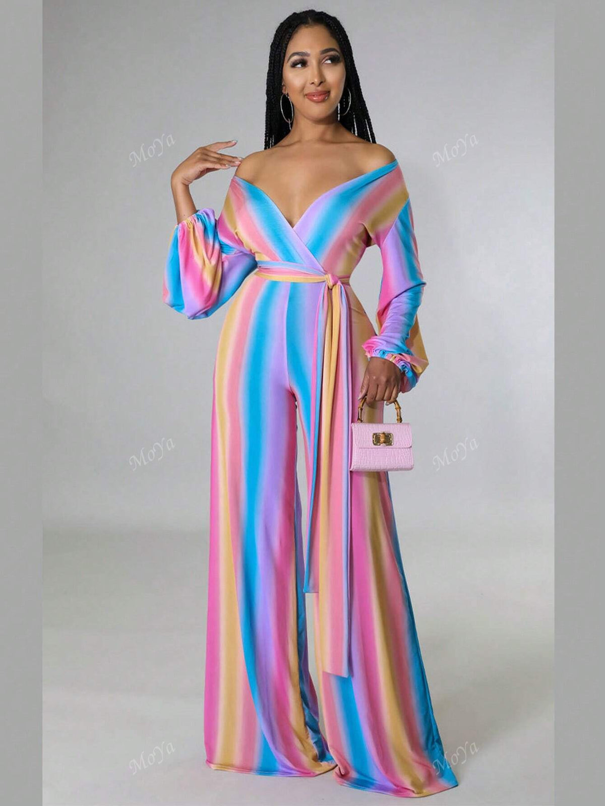 Autumn Fashionable Casual Colorblock Striped Wide Leg Maxi Jumpsuit