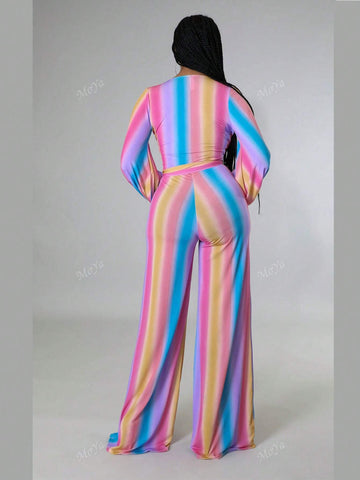 Autumn Fashionable Casual Colorblock Striped Wide Leg Maxi Jumpsuit