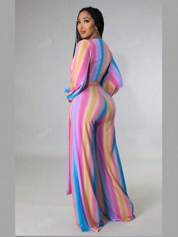Autumn Fashionable Casual Colorblock Striped Wide Leg Maxi Jumpsuit