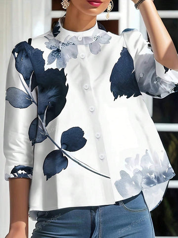 Floral Print Button-Front Long Sleeve Blouse, Fashion French Style Chic Floral, Maple Leaf, Big Flower Shirt