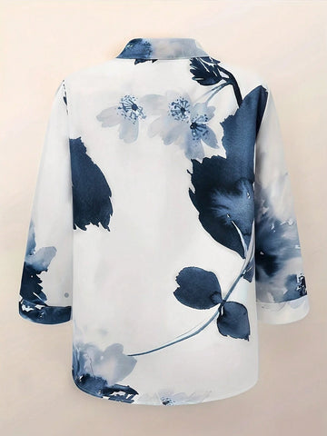 Floral Print Button-Front Long Sleeve Blouse, Fashion French Style Chic Floral, Maple Leaf, Big Flower Shirt