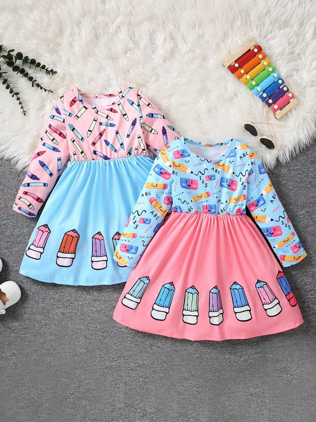 Autumn Girls Cartoon Drawing Pencil Print Long Sleeve Casual Dress Set