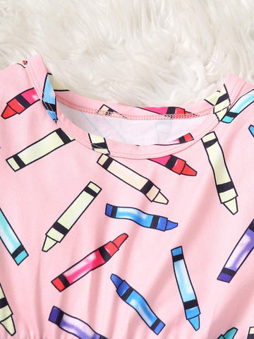 Autumn Girls Cartoon Drawing Pencil Print Long Sleeve Casual Dress Set