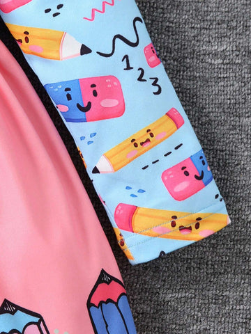 Autumn Girls Cartoon Drawing Pencil Print Long Sleeve Casual Dress Set