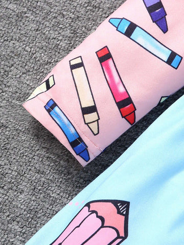 Autumn Girls Cartoon Drawing Pencil Print Long Sleeve Casual Dress Set