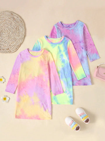 Autumn Girls Multicolor Tie Dye Casual Long Dress Set