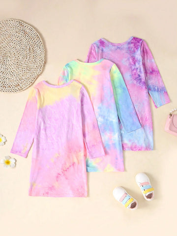 Autumn Girls Multicolor Tie Dye Casual Long Dress Set
