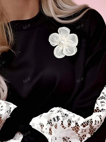Autumn Long Sleeve Lace Patchwork Drawstring Flared Sleeve Floral Shirt