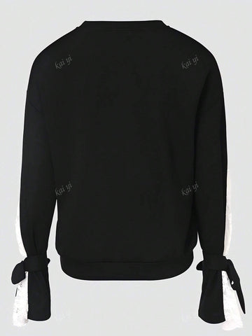 Autumn Long Sleeve Lace Patchwork Drawstring Flared Sleeve Floral Shirt