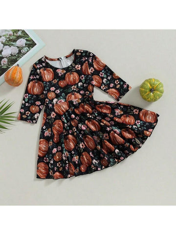 Autumn Long Sleeve Round Neck Floral Pumpkin Printed Dress For Baby Girls, Halloween Thanksgiving Outfit