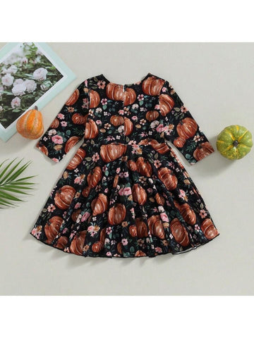 Autumn Long Sleeve Round Neck Floral Pumpkin Printed Dress For Baby Girls, Halloween Thanksgiving Outfit