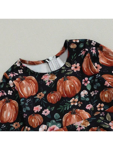 Autumn Long Sleeve Round Neck Floral Pumpkin Printed Dress For Baby Girls, Halloween Thanksgiving Outfit