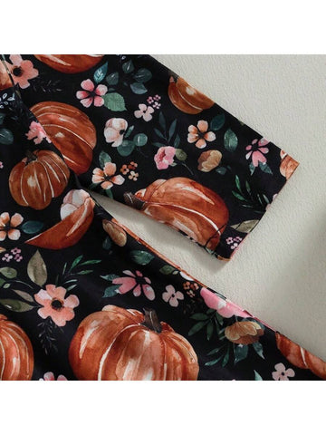 Autumn Long Sleeve Round Neck Floral Pumpkin Printed Dress For Baby Girls, Halloween Thanksgiving Outfit