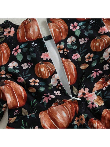 Autumn Long Sleeve Round Neck Floral Pumpkin Printed Dress For Baby Girls, Halloween Thanksgiving Outfit