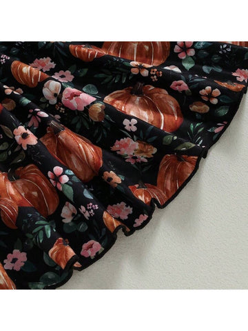 Autumn Long Sleeve Round Neck Floral Pumpkin Printed Dress For Baby Girls, Halloween Thanksgiving Outfit