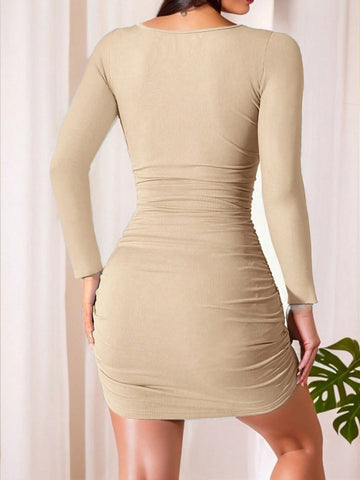 Autumn New Arrival Long Sleeve Ice Silk Dress, Square Neck Pleated Sexy Blue Bodycon Slip Dress