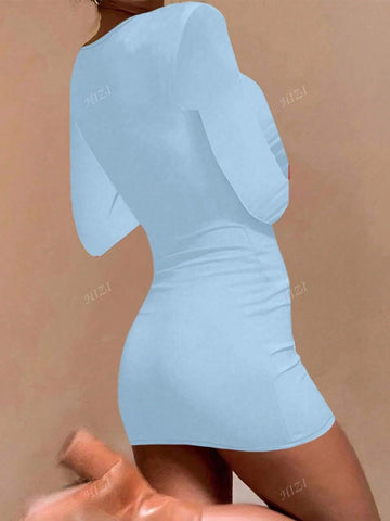 Autumn New Black Square Collar Mini Skirt, Sexy Bodycon, Long Sleeve Casual Underskirt Dress