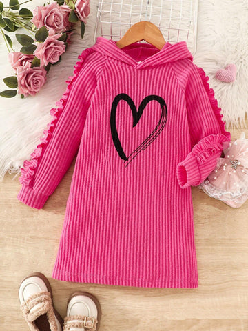 Autumn New Girls Valentine Dress Heartprint Long Sleeve Dress,Long Sleeve Shirt Ruffle Sleeve Casual Hooded Ribbed Dress