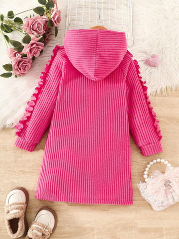 Autumn New Girls Valentine Dress Heartprint Long Sleeve Dress,Long Sleeve Shirt Ruffle Sleeve Casual Hooded Ribbed Dress