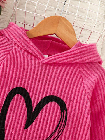 Autumn New Girls Valentine Dress Heartprint Long Sleeve Dress,Long Sleeve Shirt Ruffle Sleeve Casual Hooded Ribbed Dress