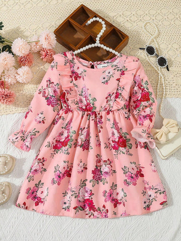 Autumn Winter Girls Floral Print Patchwork Ruffle Collar Long Sleeve Dress