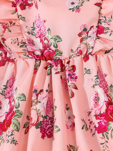 Autumn Winter Girls Floral Print Patchwork Ruffle Collar Long Sleeve Dress