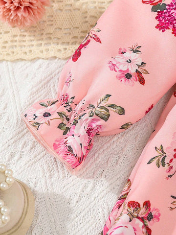 Autumn Winter Girls Floral Print Patchwork Ruffle Collar Long Sleeve Dress