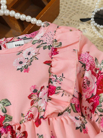 Autumn Winter Girls Floral Print Patchwork Ruffle Collar Long Sleeve Dress