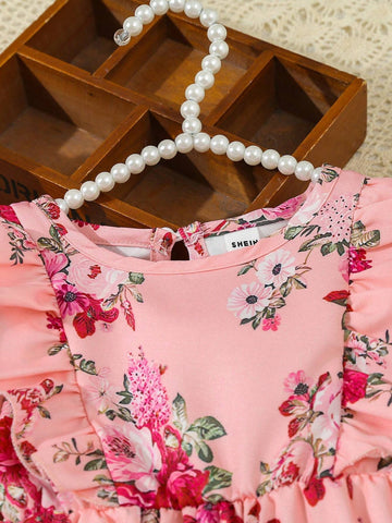 Autumn Winter Girls Floral Print Patchwork Ruffle Collar Long Sleeve Dress