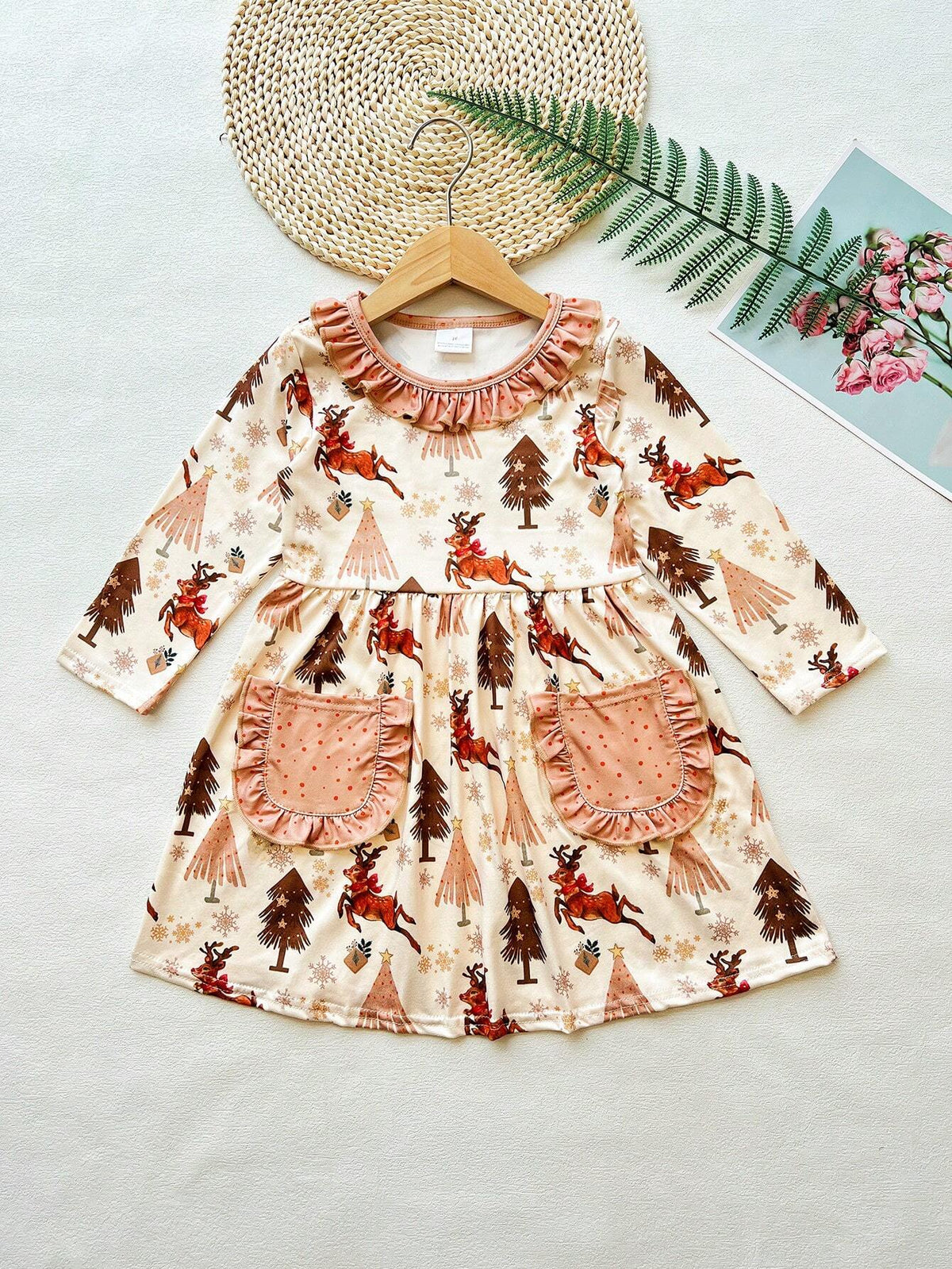 Autumn Winter Girls Reindeer Print Holiday Casual Dress