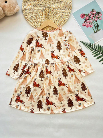 Autumn Winter Girls Reindeer Print Holiday Casual Dress