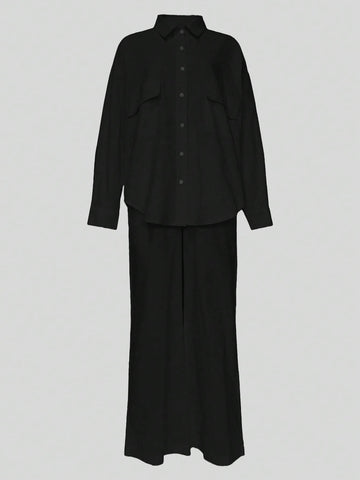 Autumn Winter Loose Casual Women Blouses Two Piece Set Fashion Long Sleeve Lapel Pocket Buttons Shirt And Elastic Waist Spring Comfort Elegant Commuter Wide Leg Pants Suits