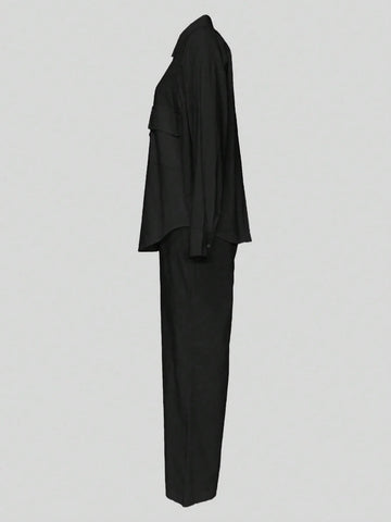 Autumn Winter Loose Casual Women Blouses Two Piece Set Fashion Long Sleeve Lapel Pocket Buttons Shirt And Elastic Waist Spring Comfort Elegant Commuter Wide Leg Pants Suits