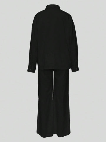 Autumn Winter Loose Casual Women Blouses Two Piece Set Fashion Long Sleeve Lapel Pocket Buttons Shirt And Elastic Waist Spring Comfort Elegant Commuter Wide Leg Pants Suits