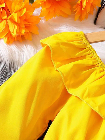 Autumn Yellow Long-Sleeved Dress Yellow Flower Pattern, Suitable For Girls' Clothing