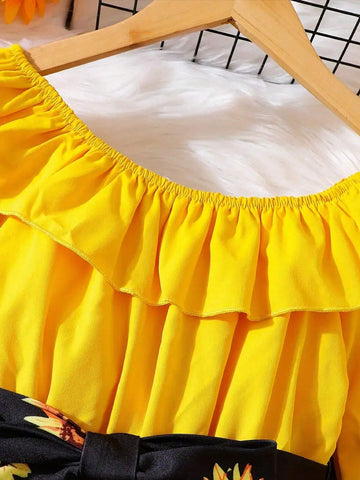 Autumn Yellow Long-Sleeved Dress Yellow Flower Pattern, Suitable For Girls' Clothing