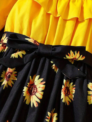 Autumn Yellow Long-Sleeved Dress Yellow Flower Pattern, Suitable For Girls' Clothing