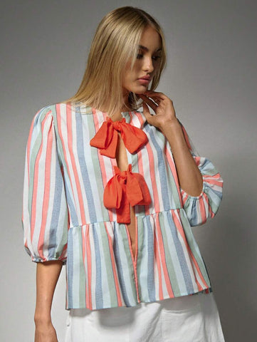 Avantive Women's Colorful Striped Lace-Up Loose Blouse