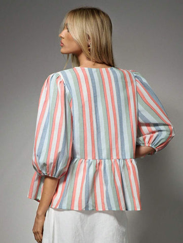 Avantive Women's Colorful Striped Lace-Up Loose Blouse