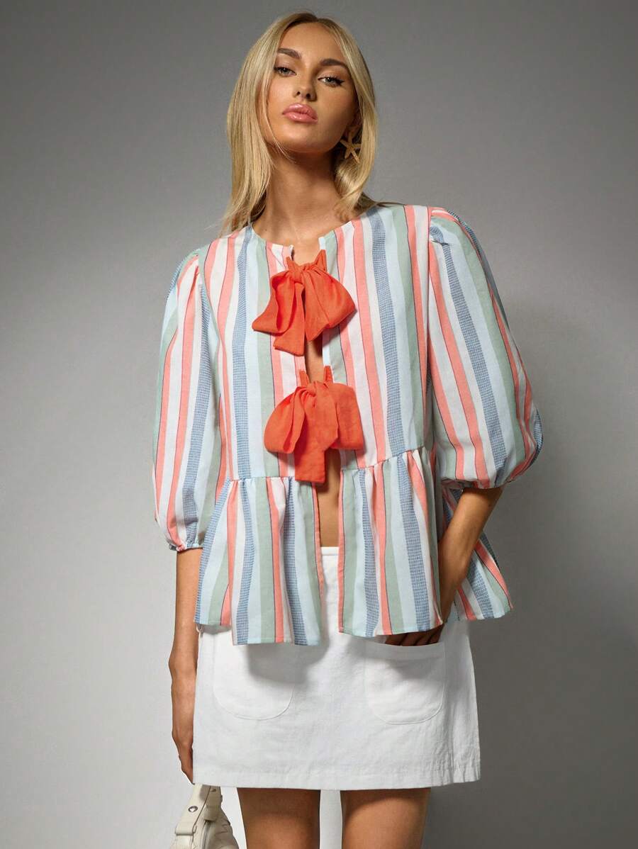 Avantive Women's Colorful Striped Lace-Up Loose Blouse