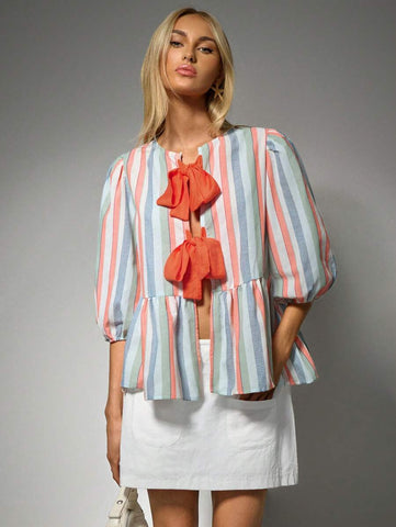 Avantive Women's Colorful Striped Lace-Up Loose Blouse
