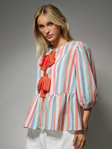 Avantive Women's Colorful Striped Lace-Up Loose Blouse