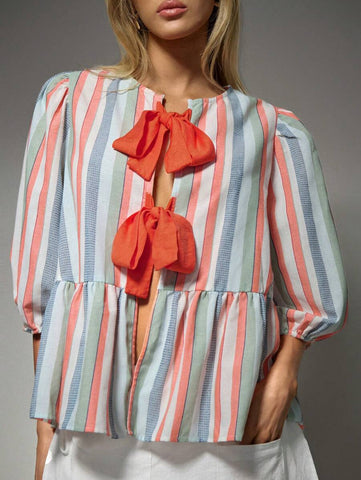 Avantive Women's Colorful Striped Lace-Up Loose Blouse