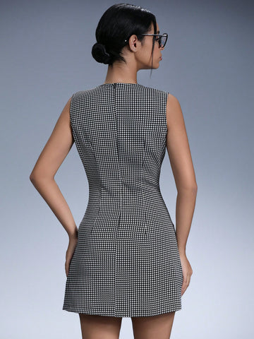 Aveloria Affinna Casual Ruched Tailored Houndstooth Print Bodycon Sleeveless Mini Dress